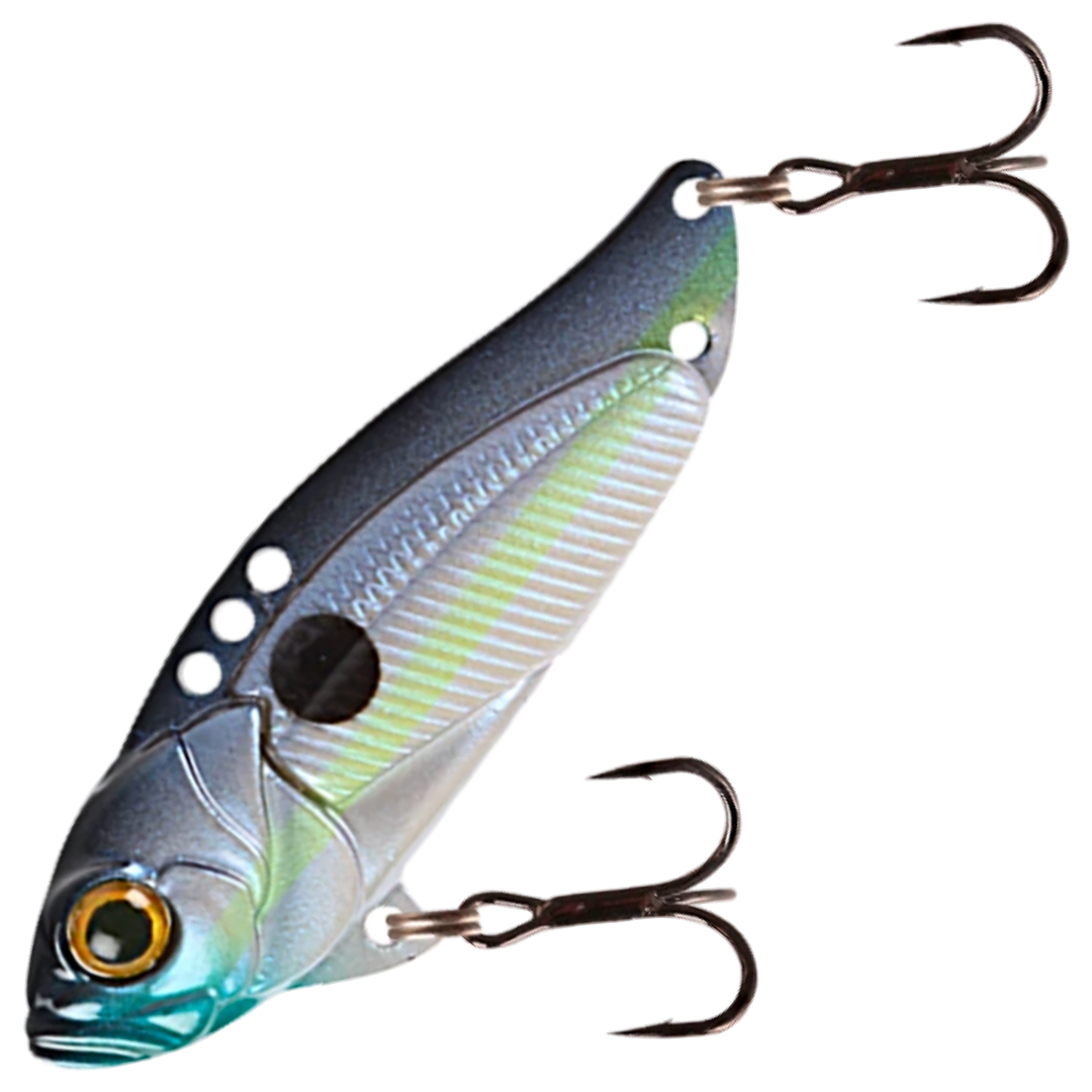 Strike Pro Astro Vibe UV Blade 16.7g 5.5cm, väri Ghost Shad V2: harmaansininen selkä, hopeinen kylki ja musta täplä