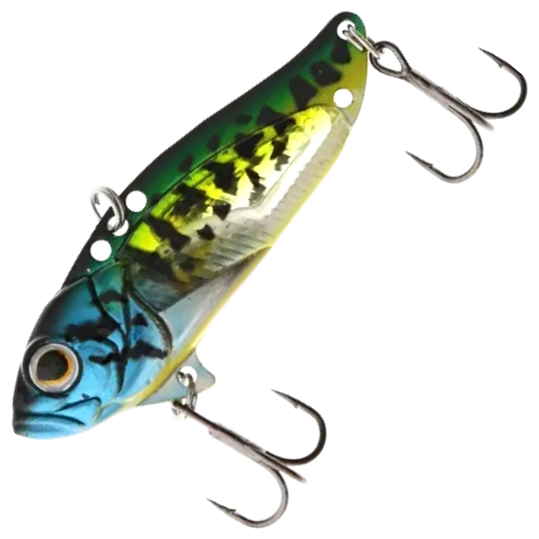 Strike Pro Astro Vibe UV Blade 16.7g 5.5cm, väri Venom Perch: sininen pää, vihreä selkä, keltainen kylki ja mustat laikut