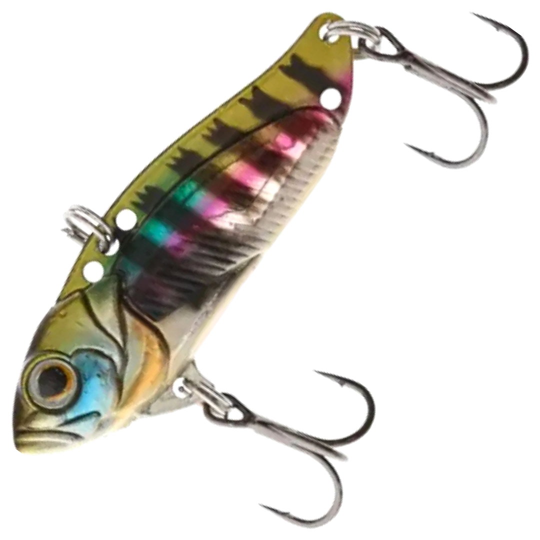 Strike Pro Astro Vibe UV Blade 26g 6.5cm, väri Blue Gill: oliivinvihreä selkä, tummat poikkiraidat ja violetti kylkiraita