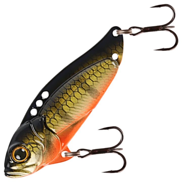 Strike Pro Astro Vibe UV Blade 9.6g 4.5cm, väri Baby Perch: musta selkä, kullanvihreä kylki ja oranssi vatsa