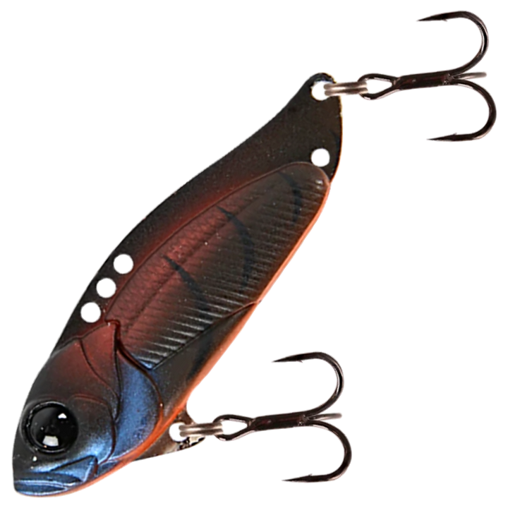 Strike Pro Astro Vibe UV Blade 9.6g 4.5cm, väri Roasted Craw: tummanpunaruskea runko ja sininen kurkku