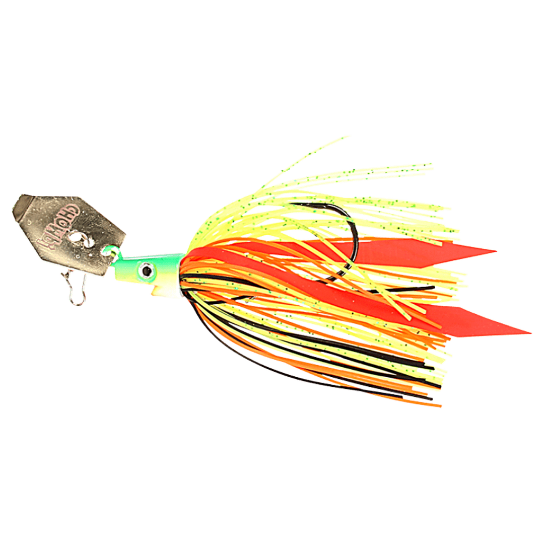 Strike Pro Pig Hula Chatterbait 11g Fire Perch sivulta, pää vasemmalla