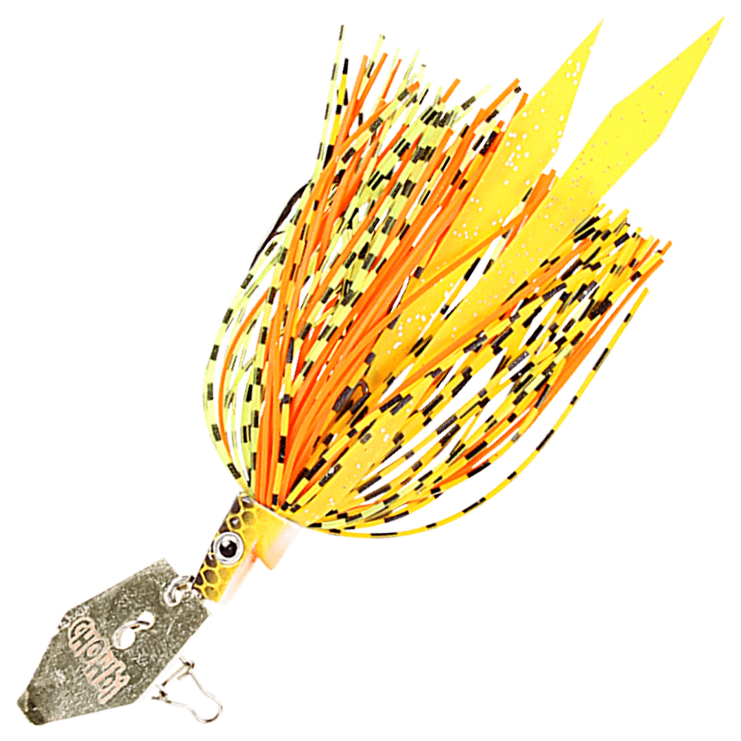 Strike Pro Pig Hula Chatterbait 11g, väri Hot Craw: keltainen pää, keltaoranssi helma ja mustat pilkut, hopeinen lapa