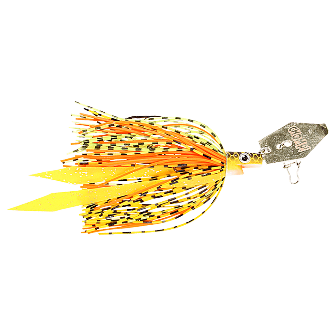Strike Pro Pig Hula Chatterbait 11g Hot Craw sivulta, pää oikealla