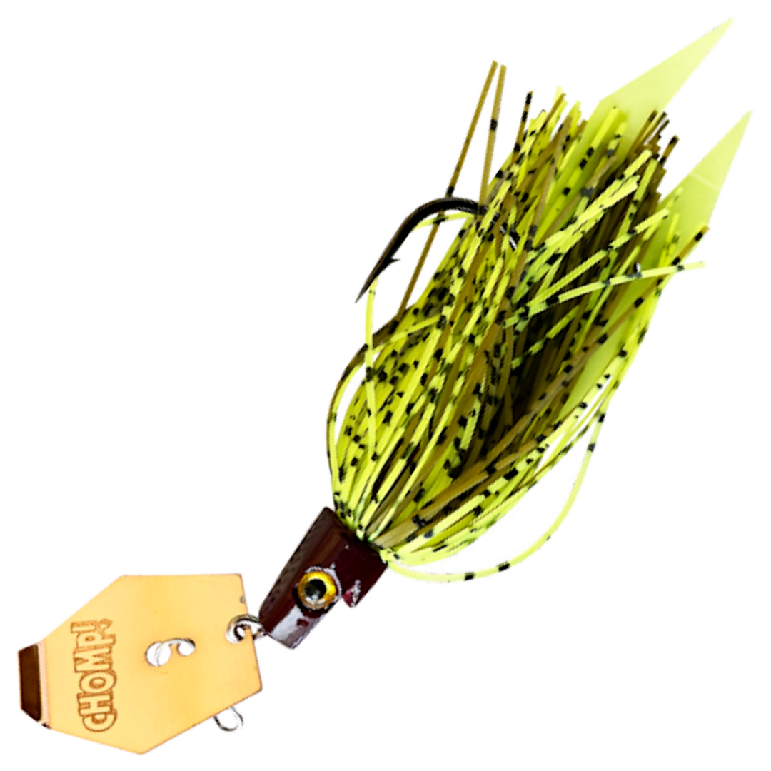 Strike Pro Pig Hula Chatterbait 11g, väri Pumpkin Chart: tumma pää, vihertävänruskea ja keltainen helma, kultainen lapa