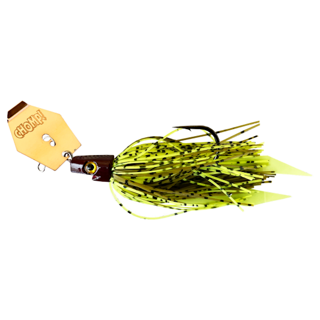 Strike Pro Pig Hula Chatterbait 11g Pumpkin Chart sivulta, pää vasemmalla