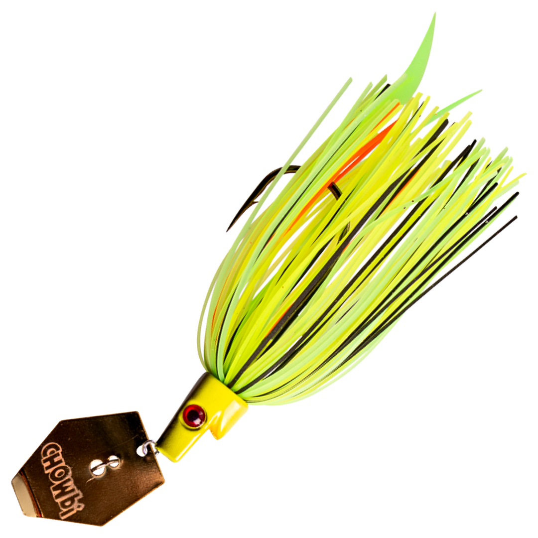 Strike Pro Pig Hula Chatterbait 16g, väri Lawn Mower: keltainen pää, keltavihreä helma, oranssit nauhat, kuparinen lapa