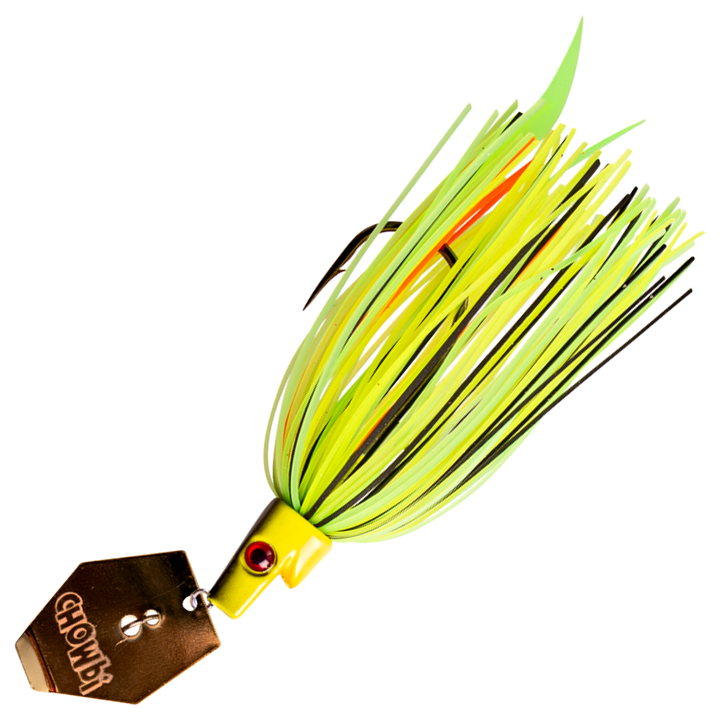 Strike Pro Pig Hula Chatterbait 16g, väri Lawn Mower: keltainen pää, keltavihreä helma, oranssit nauhat, kuparinen lapa