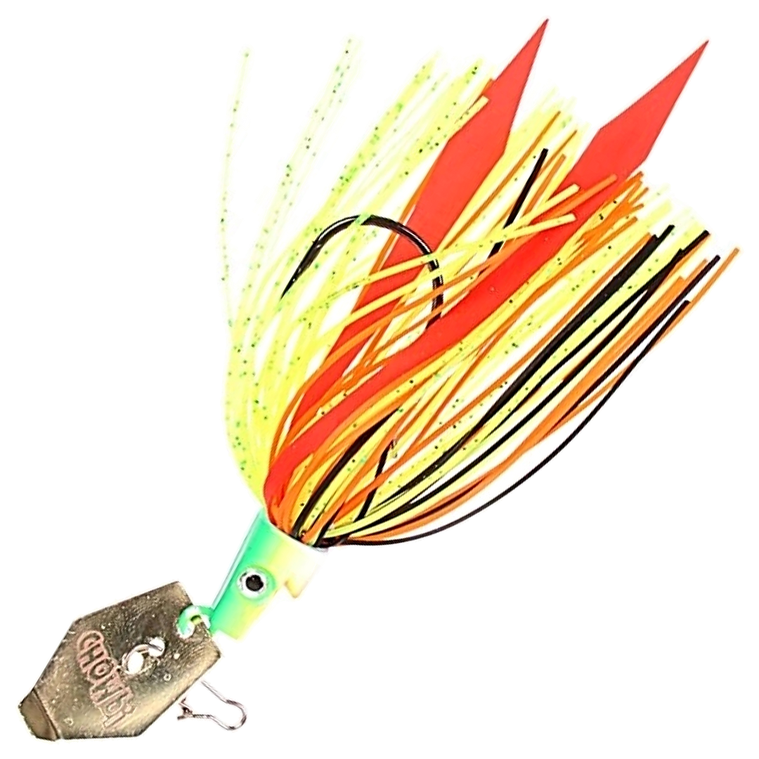 Strike Pro Pig Hula Chatterbait 21g, väri Fire Perch: vihreä pää, keltainen, oranssi ja musta helma, kultainen lapa