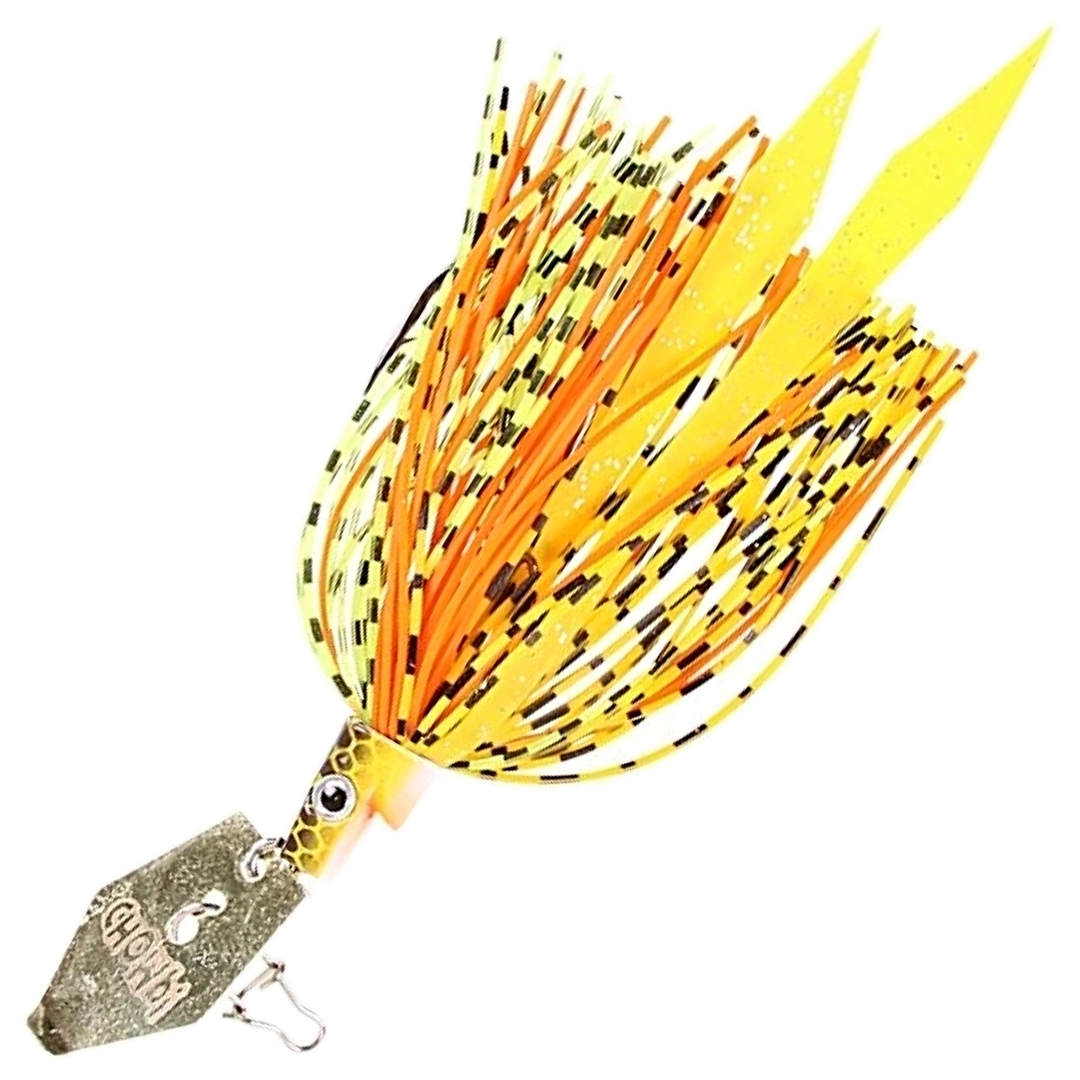 Strike Pro Pig Hula Chatterbait 21g, väri Hot Craw: keltainen pää, keltaoranssi helma ja mustat pilkut, hopeinen lapa