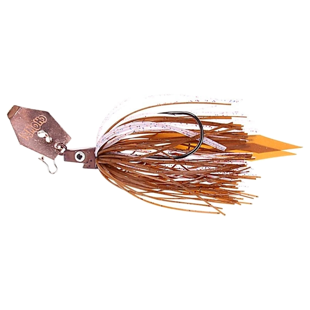 Strike Pro Pig Hula Chatterbait 21g Motoroil Pepper sivulta, pää vasemmalla