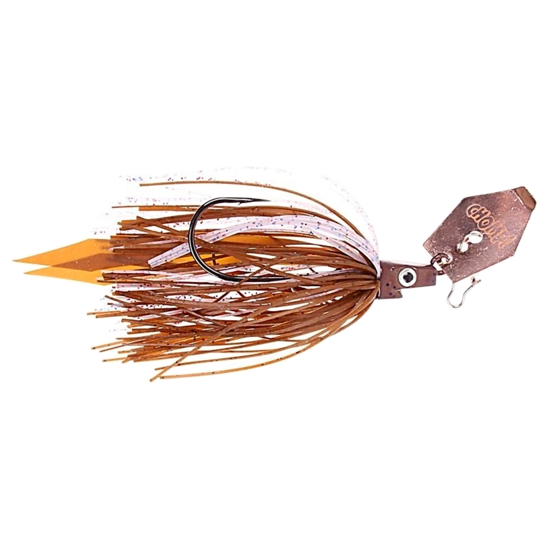 Strike Pro Pig Hula Chatterbait 21g Motoroil Pepper sivulta, pää oikealla