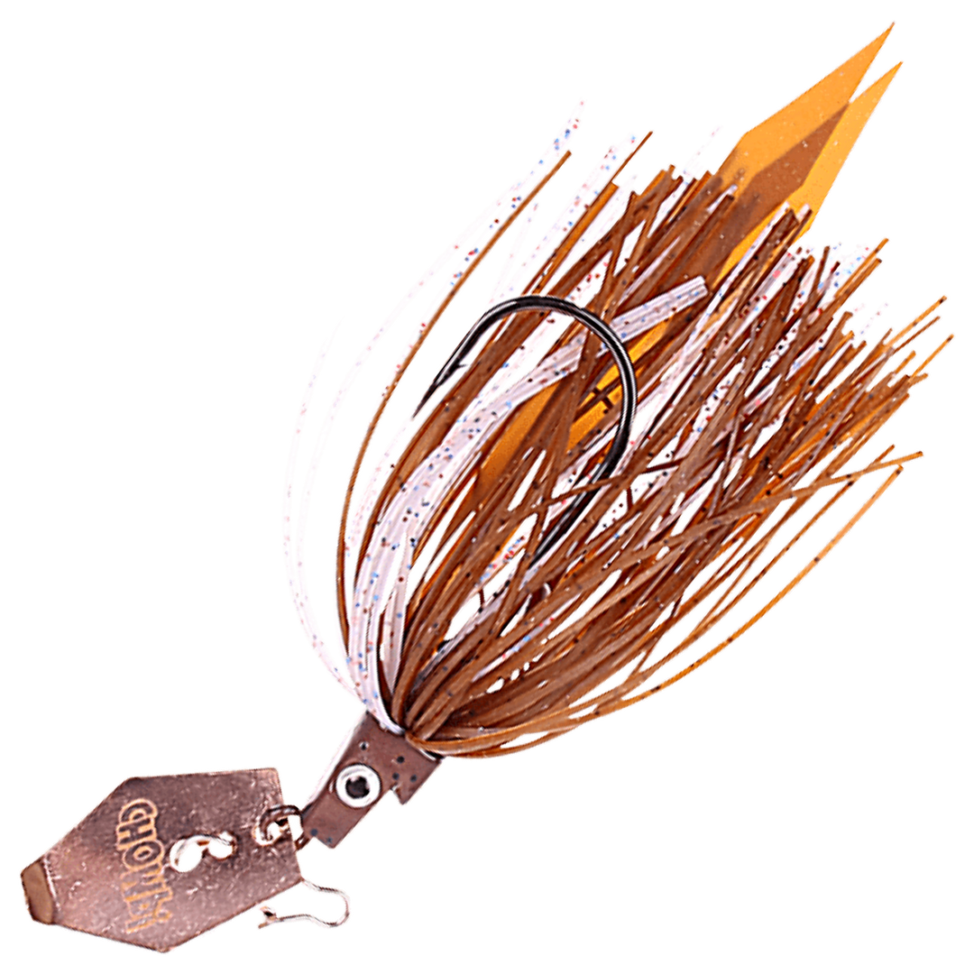 Strike Pro Pig Hula Tiny Chatterbait 7g, väri Motoroil Pepper: tumma pää, ruskea helma, oranssit nauhat, kuparinen lapa