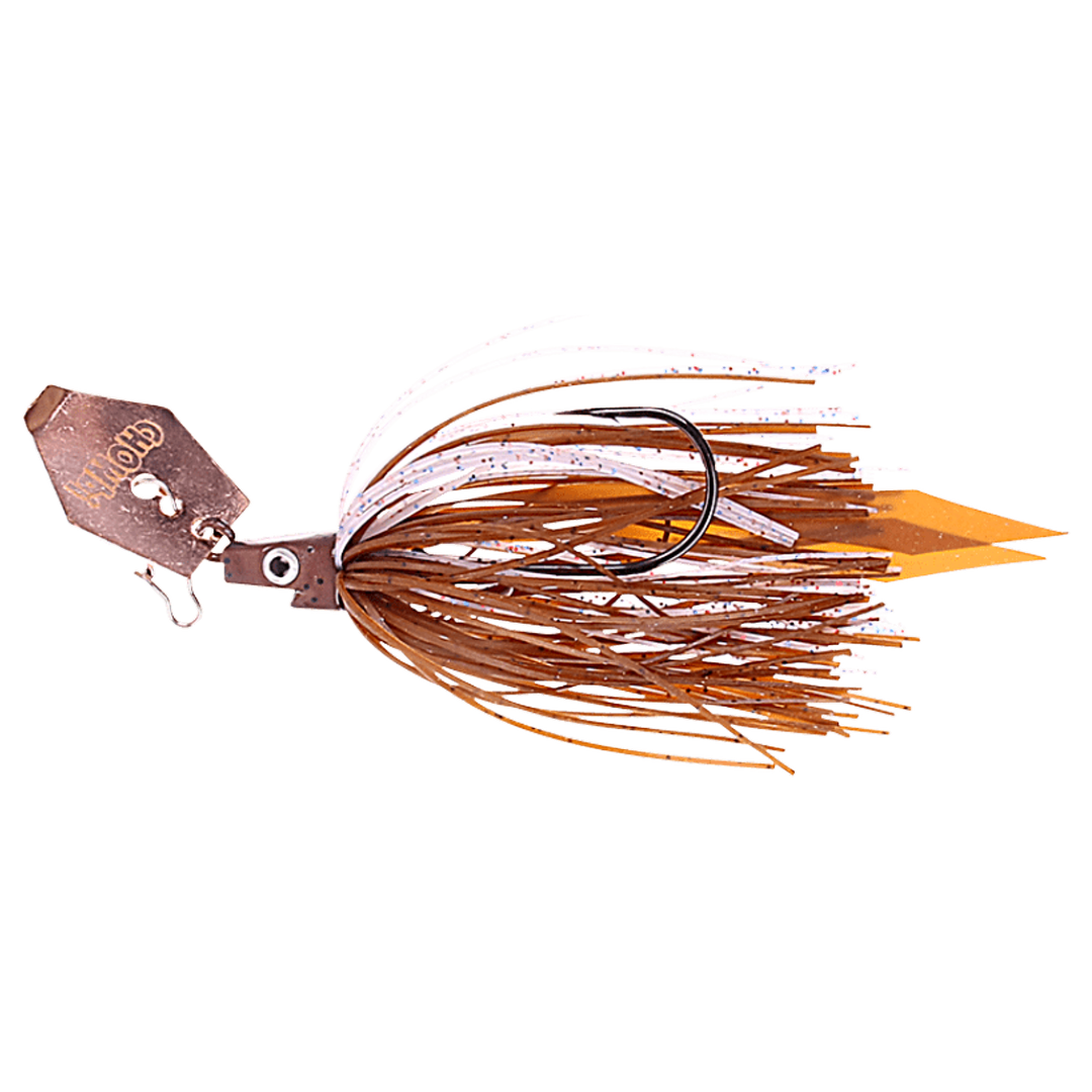 Strike Pro Pig Hula Tiny Chatterbait 7g Motoroil Pepper sivulta, pää vasemmalla