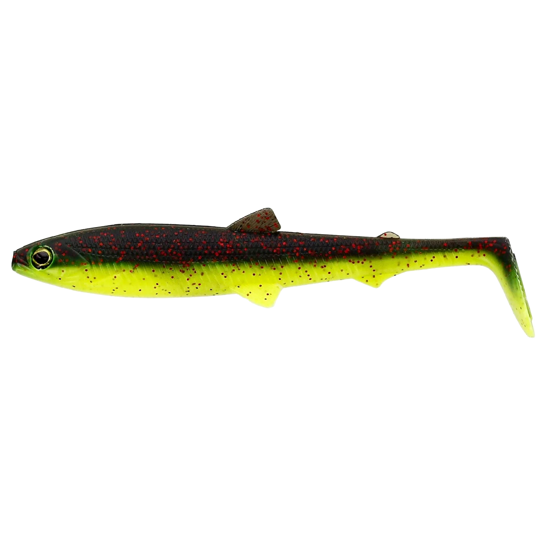 Westin Bullteez Shadtail Jigi 12.5cm Black/Chartreuse sivulta, pää vasemmalla