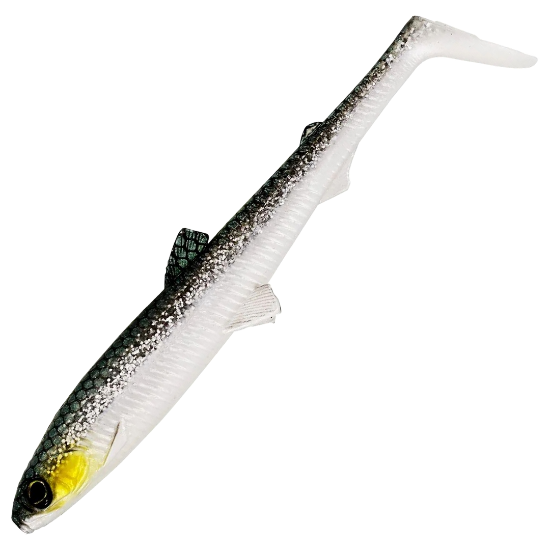Westin Bullteez Shadtail Jigi 12.5cm, väri Headlight: tumma selkä, hopeanvalkoinen kylki ja keltainen kuono