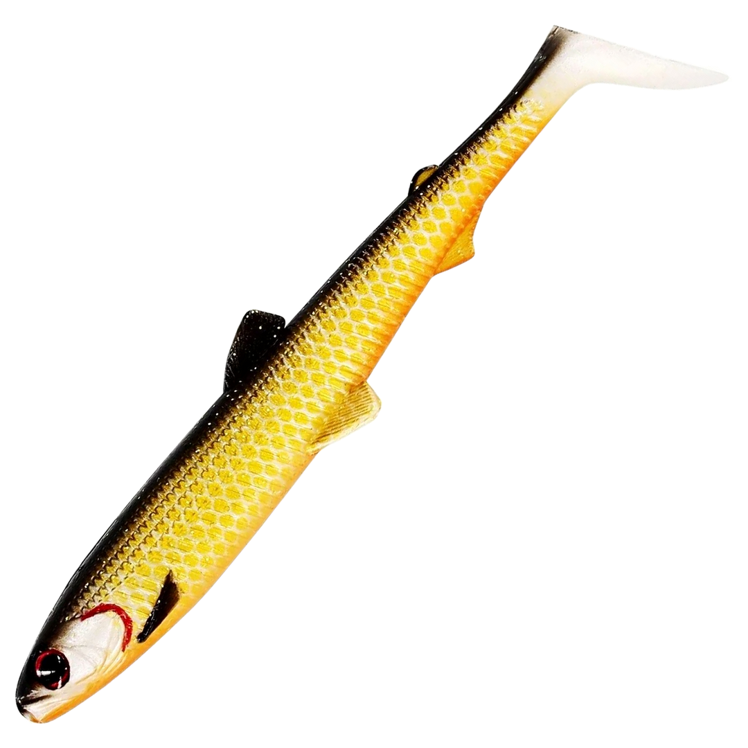 Westin Bullteez Shadtail Jigi 12.5cm, väri Official Roach: keltainen runko ja tumma selkä