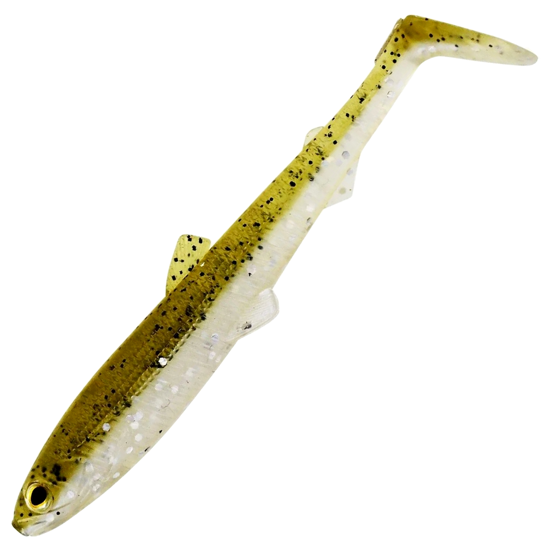 Westin Bullteez Shadtail Jigi 12.5cm, väri Pearl Sand: oliivinvihreä selkä, helmenvalkoinen vatsa ja mustat pilkut