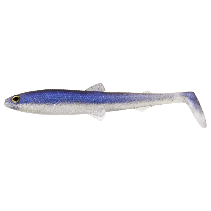 Westin Bullteez Shadtail Jigi 12.5cm Sparkling Blue sivulta, pää vasemmalla