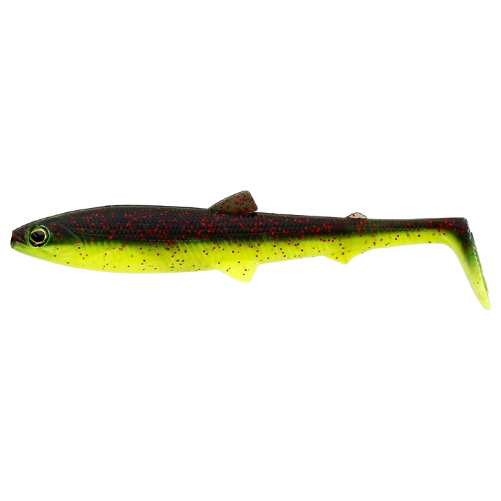Westin Bullteez Shadtail Jigi 9.5cm Black/Chartreuse sivulta, pää vasemmalla