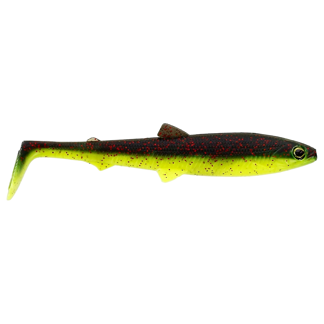 Westin Bullteez Shadtail Jigi 9.5cm Black/Chartreuse sivulta, pää oikealla