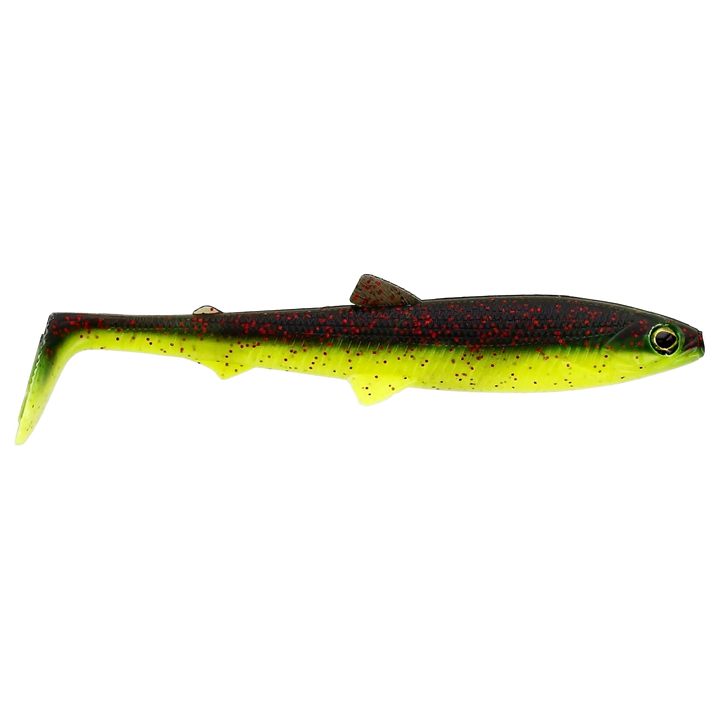 Westin Bullteez Shadtail Jigi 9.5cm Black/Chartreuse sivulta, pää oikealla