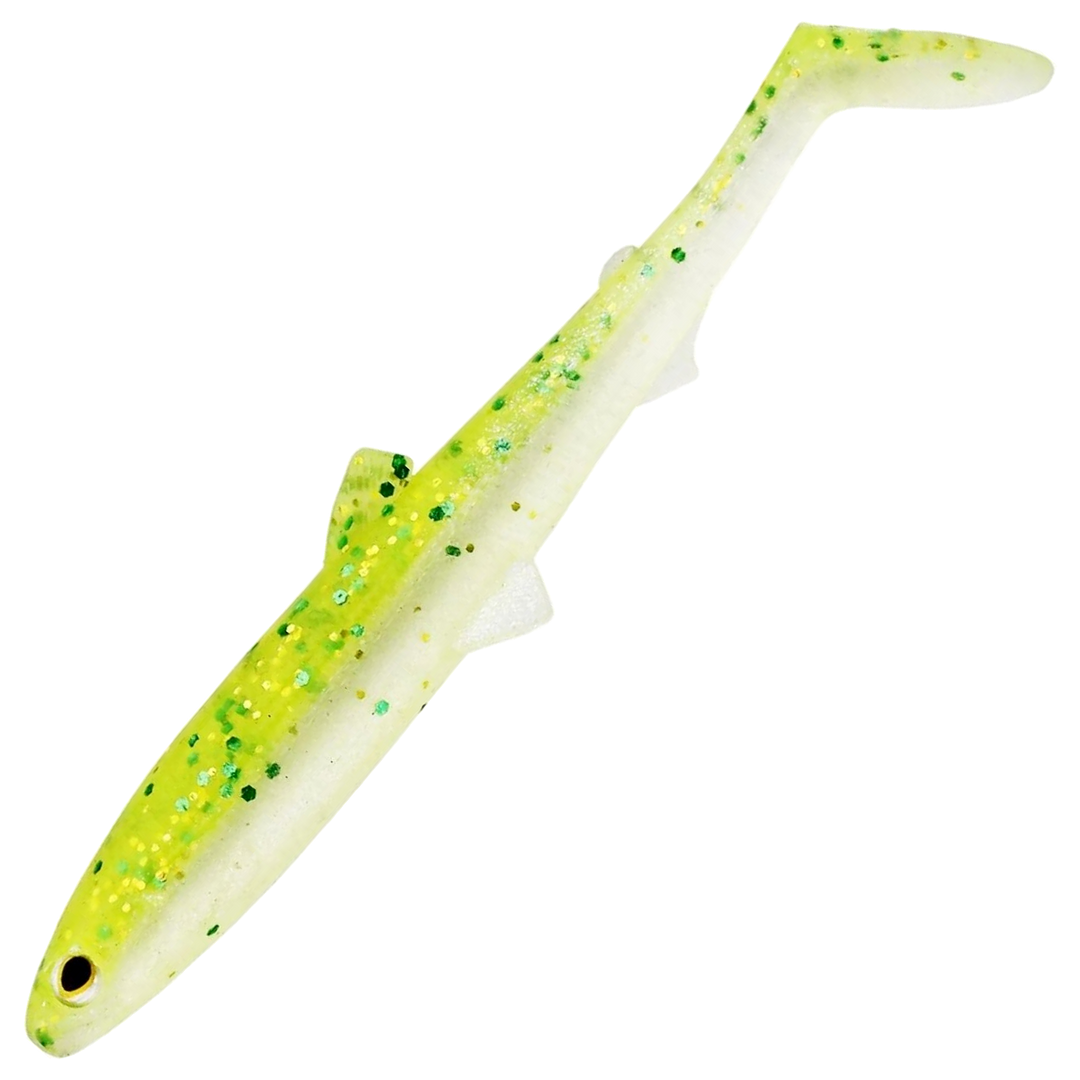 Westin Bullteez Shadtail Jigi 9.5cm, väri Sparkling Chartreuse: kellanvihreä hileinen selkä ja valkoinen vatsa