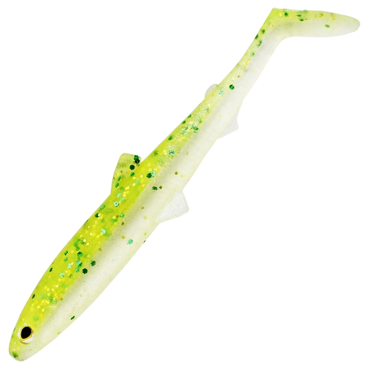 Westin Bullteez Shadtail Jigi 9.5cm, väri Sparkling Chartreuse: kellanvihreä hileinen selkä ja valkoinen vatsa