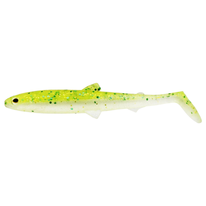 Westin Bullteez Shadtail Jigi 9.5cm Sparkling Chartreuse sivulta, pää vasemmalla