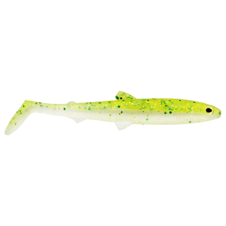 Westin Bullteez Shadtail Jigi 9.5cm Sparkling Chartreuse sivulta, pää oikealla