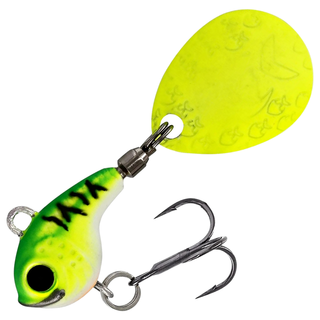 Westin DropBite Tungsten Spintail 2.2cm 18g, väri Chartreuse Ice: vihreä selkä, mustat kuviot ja keltainen lippa