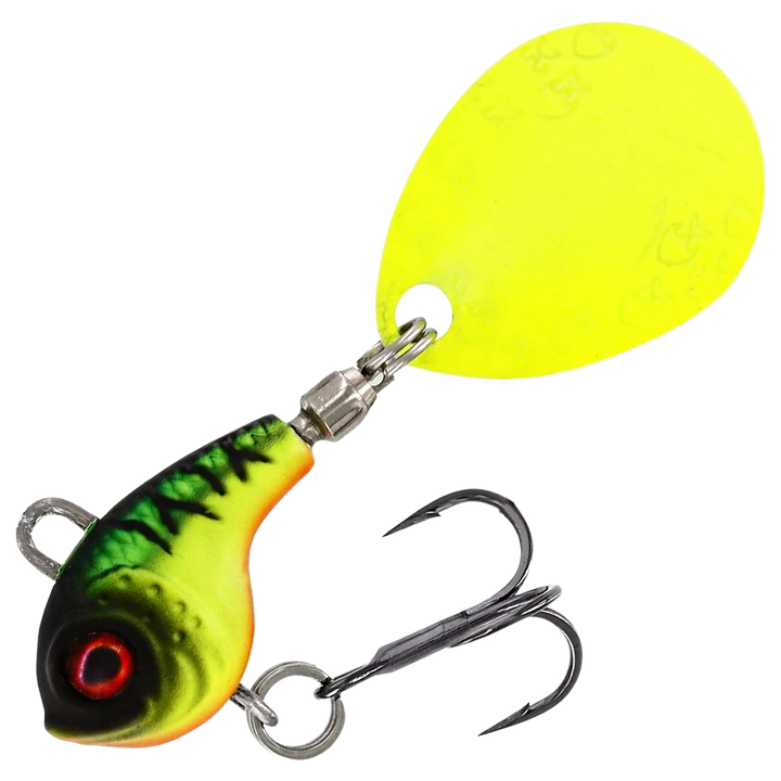 Westin DropBite Tungsten Spintail 2.2cm 18g, väri Firetiger: vihreä selkä, mustat raidat, keltainen vatsa ja keltainen lippa