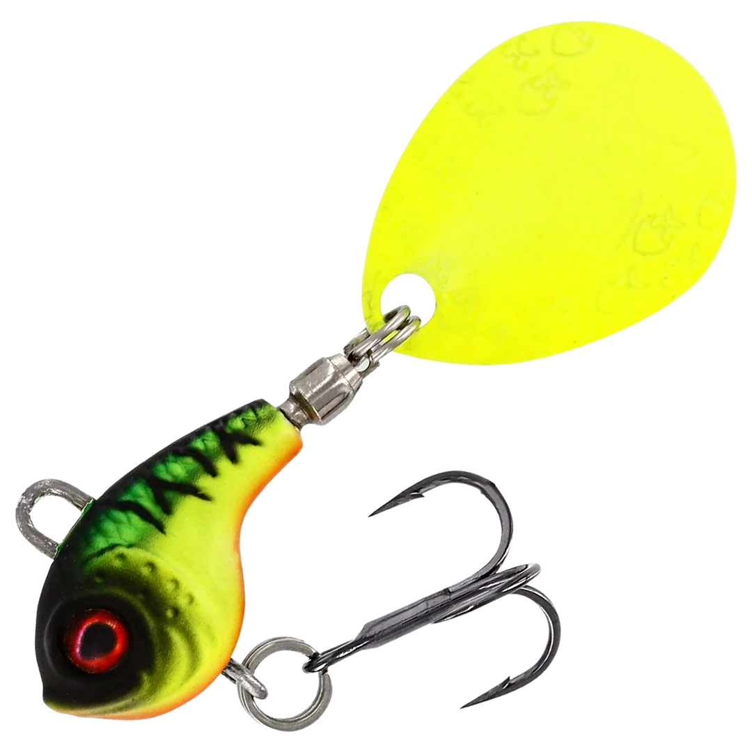 Westin DropBite Tungsten Spintail 2cm 13g, väri Firetiger: vihreä selkä, mustat raidat, keltainen vatsa ja keltainen lippa