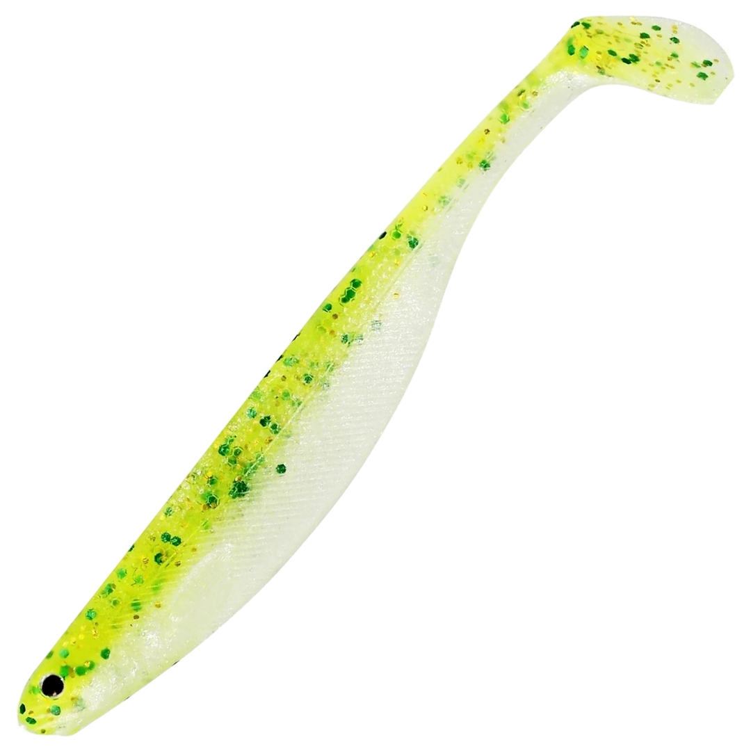 Westin ShadTeez Slim Jigi 10cm, väri Sparkling Chartreuse: kellanvihreä hileinen selkä ja valkoinen vatsa