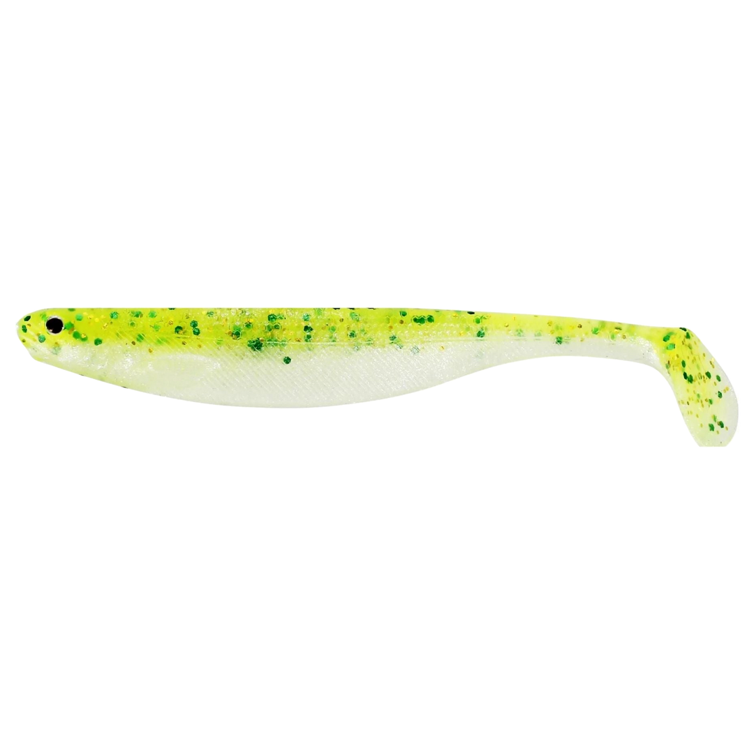 Westin ShadTeez Slim Jigi 10cm Sparkling Chartreuse sivulta, pää vasemmalla