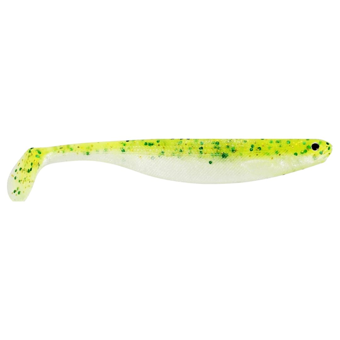 Westin ShadTeez Slim Jigi 10cm Sparkling Chartreuse sivulta, pää oikealla