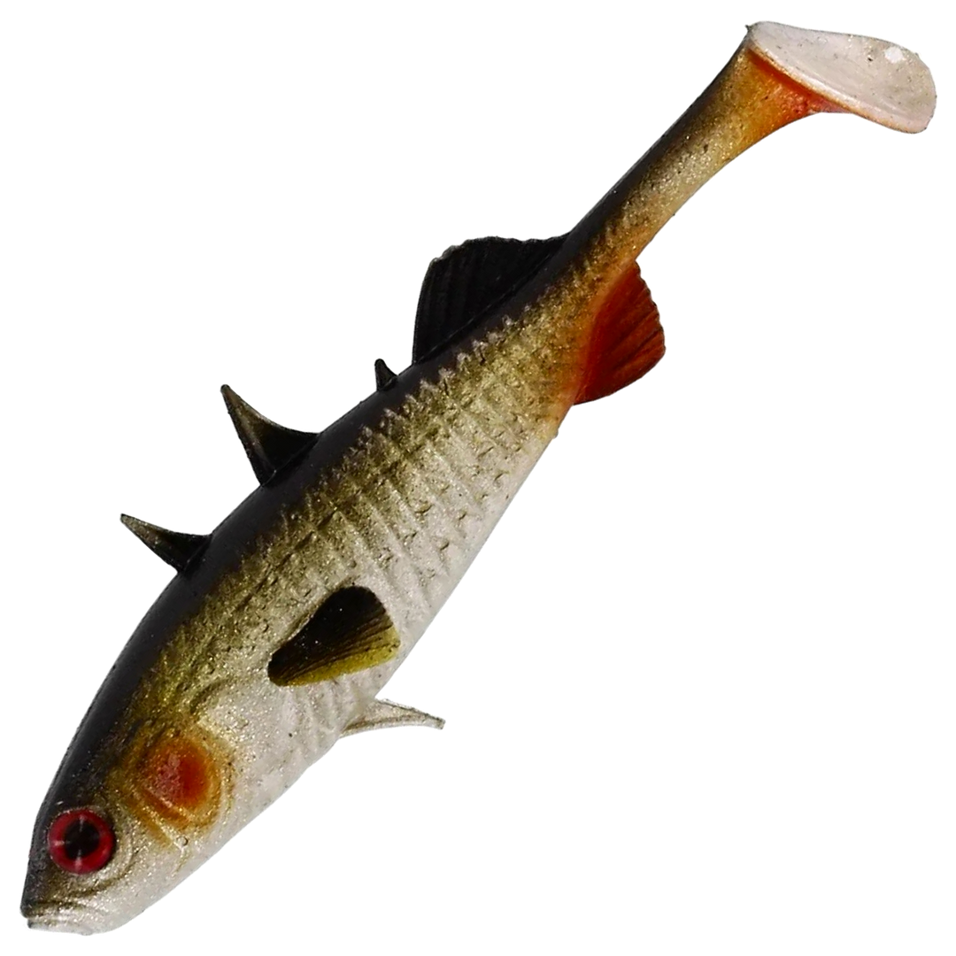 Westin Stickleback Shadtail Jigi 5.5cm, väri Lively Roach: tumma selkä, hopeinen kylki ja punertava pyrstö