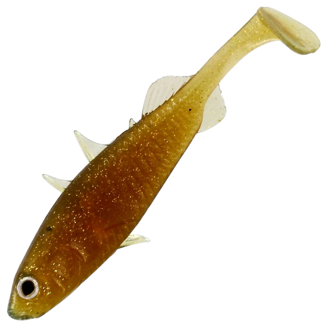 Westin Stickleback Shadtail Jigi 5.5cm, väri Motoroil Gold: läpikuultava oranssinruskea runko ja kultahileet