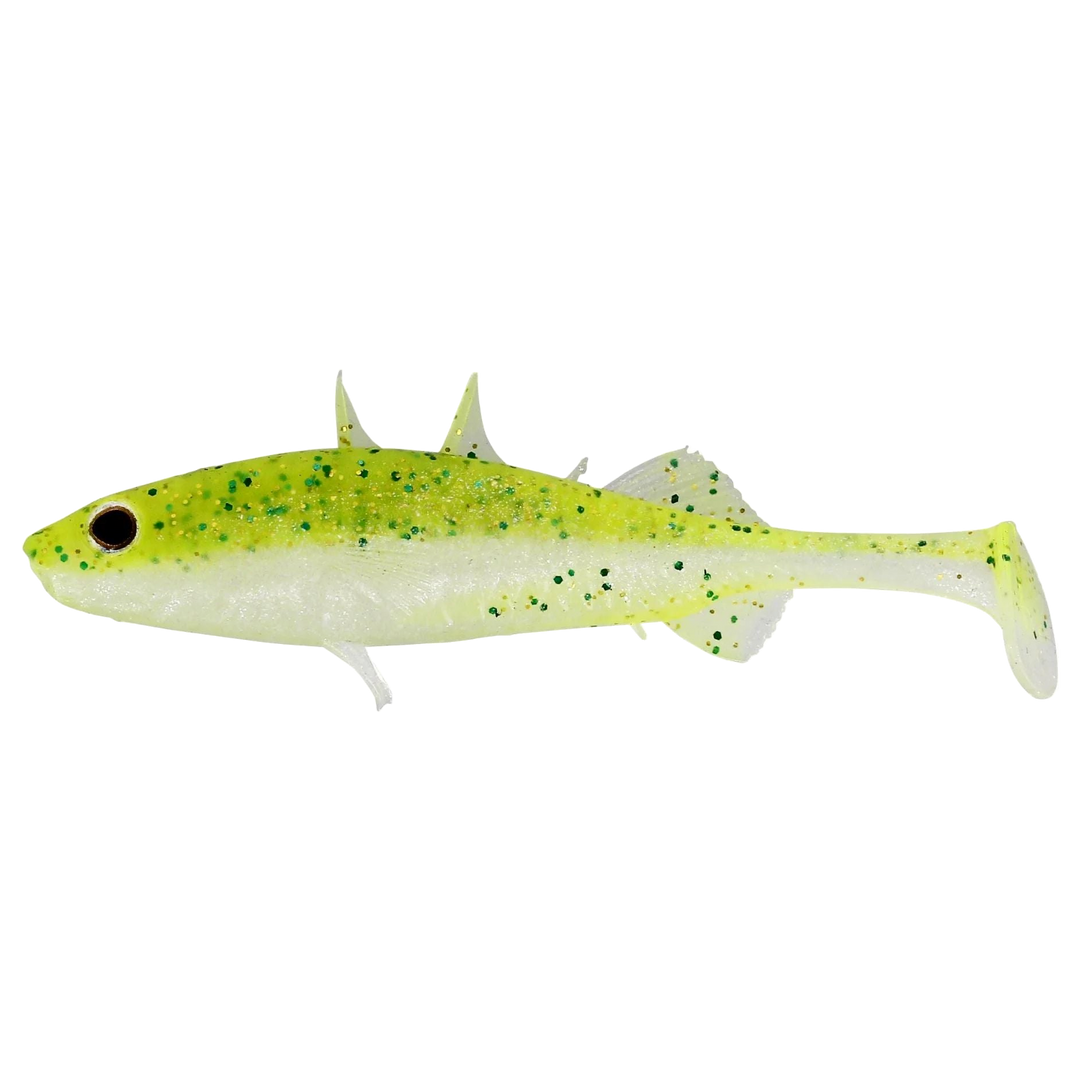 Westin Stickleback Shadtail Jigi 5.5cm Sparkling Chartreuse sivulta, pää vasemmalla