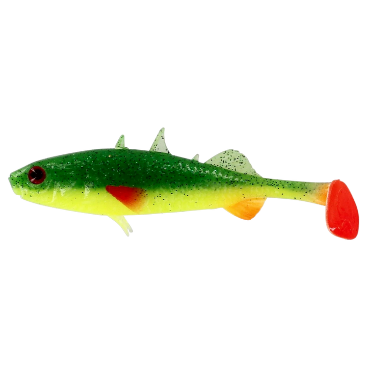 Westin Stickleback Shadtail Jigi 7.5cm Fireflake sivulta, pää vasemmalla