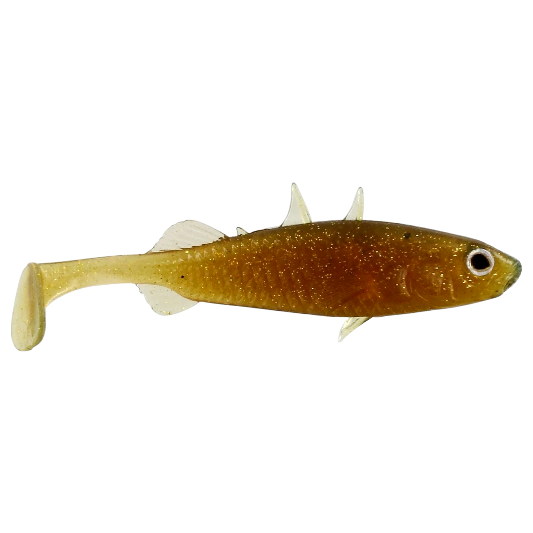 Westin Stickleback Shadtail Jigi 7.5cm Motoroil Gold sivulta, pää oikealla