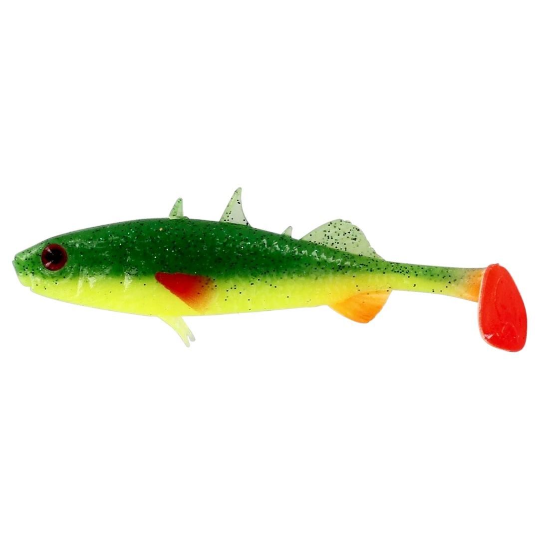 Westin Stickleback Shadtail Jigi 9cm Fireflake sivulta, pää vasemmalla
