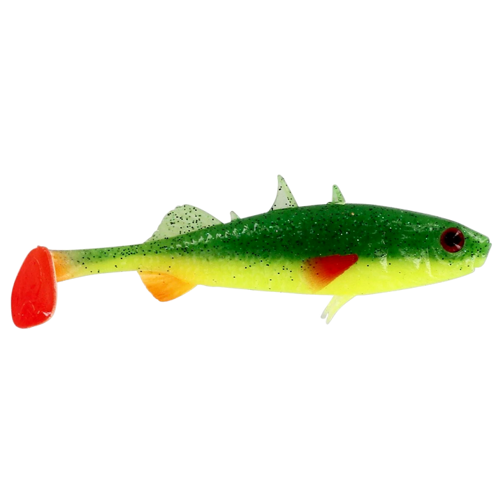 Westin Stickleback Shadtail Jigi 9cm Fireflake sivulta, pää oikealla