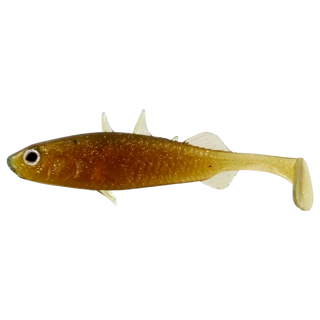 Westin Stickleback Shadtail Jigi 9cm Motoroil Gold sivulta, pää vasemmalla