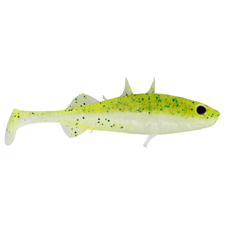 Westin Stickleback Shadtail Jigi 9cm Sparkling Chartreuse sivulta, pää oikealla