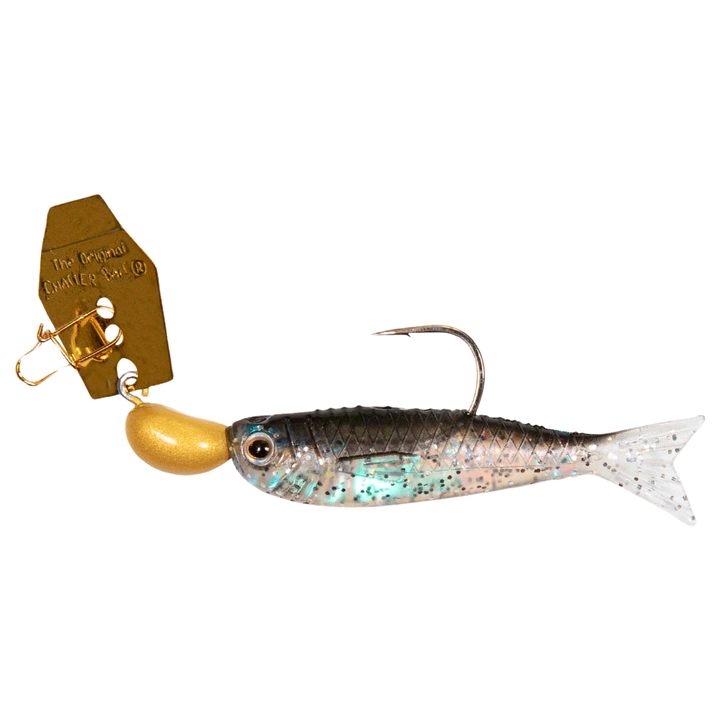 Z-MAN ChatterBait Flashback Mini 3.54g Gold / Black sivulta, pää vasemmalla