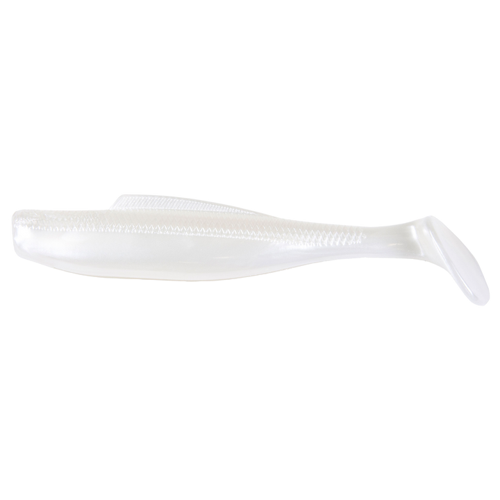 Z-Man DieZel MinnowZ Jigi 4" Pearl sivulta, pää vasemmalla