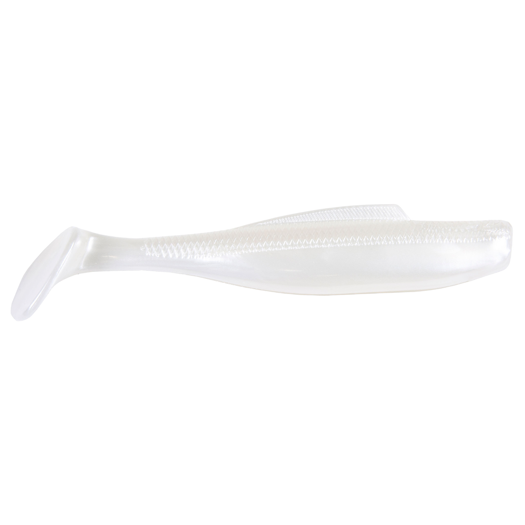 Z-Man DieZel MinnowZ Jigi 4" Pearl sivulta, pää oikealla