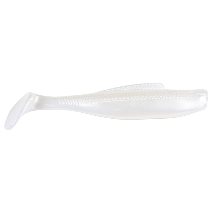 Z-Man DieZel MinnowZ Jigi 4" Pearl sivulta, pää oikealla
