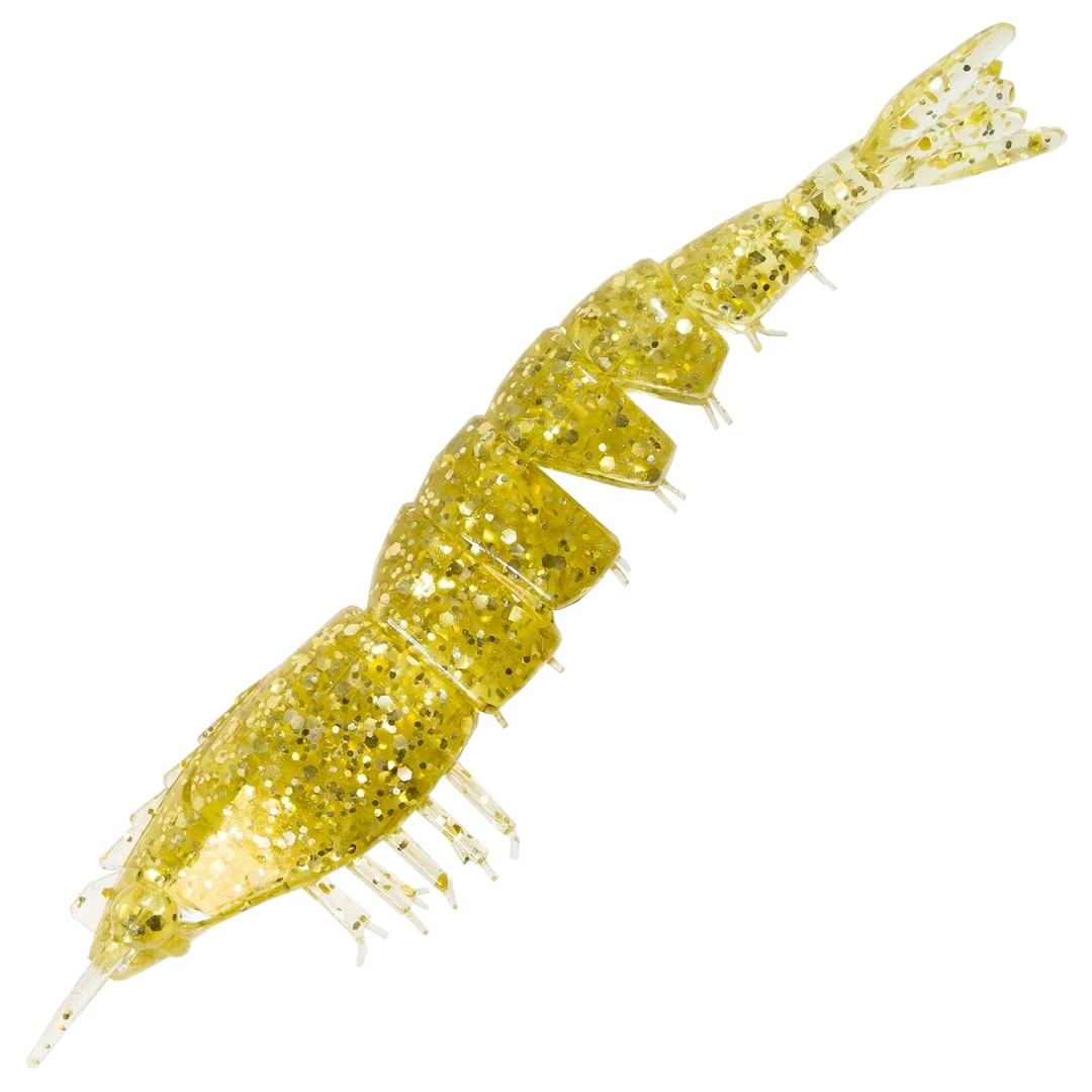 Z-Man EZ ShrimpZ Unrigged Jigi 3.5", väri Gold Flake: läpikuultava runko ja kultaiset hileet